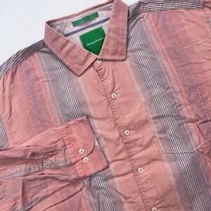 Tommy Bahama Shirt Men's 2XL Pink Blue Striped Button Up Island Modern Cotton